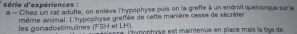 série d'expériences : 
a - Chez un rat adulte, on enlève l'hypophyse puis on la greffe à un endroit quelconque sur le 
même animal. L'hypophyse greffée de cette manière cesse de sécréter 
les gonadostimulines (FSH et LH). 
e l'hypophyse est maintenue en place mais la tige de