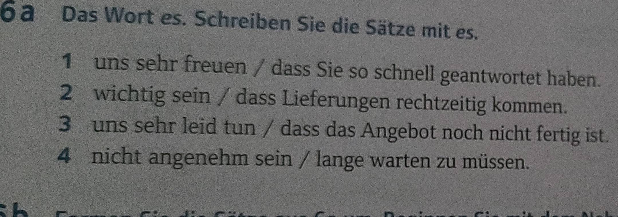 6ª Das Wort es. Schreiben Sie die Sätze mit es.
1 uns sehr freuen / dass Sie so schnell geantwortet haben.
2 wichtig sein / dass Lieferungen rechtzeitig kommen.
3 uns sehr leid tun / dass das Angebot noch nicht fertig ist.
4 nicht angenehm sein / lange warten zu müssen.