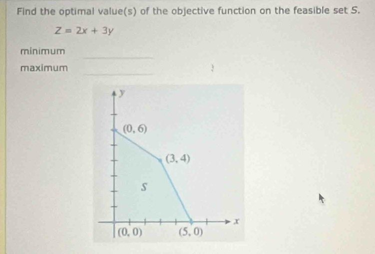 Find the optimal value(s) of the objective function on the feasible set 5.
Z=2x+3y
_
minimum
_
maximum