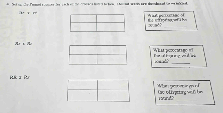 Set up the Punnet squares for each of the crosses listed below. Round seeds are dominant to wrinkled.
Rrxrr
What percentage of 
the offspring will be 
round?_
Rr* Rr
What percentage of 
the offspring will be 
round?_
RRxRr
What percentage of 
the offspring will be 
round?_