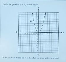 Stady the graph of y=x^2 , showm bellow.
x
If the graph is moved up 3 units, what equation will it represent?