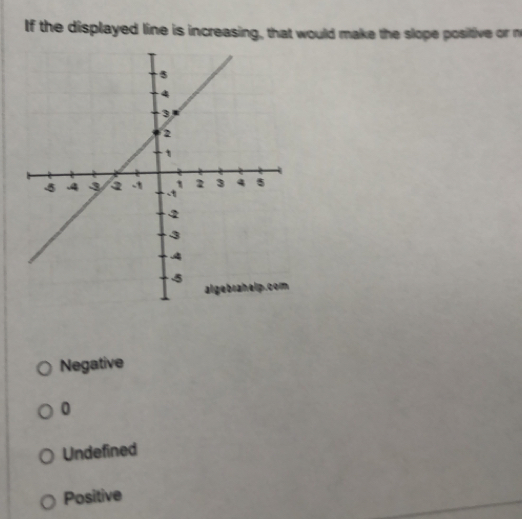 If the displayed line is increasing, that would make the slope positive or n
Negative
0
Undefined
Positive