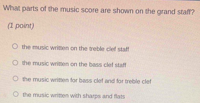 What parts of the music score are shown on the grand staff?
(1 point)
the music written on the treble clef staff
the music written on the bass clef staff
the music written for bass clef and for treble clef
the music written with sharps and flats