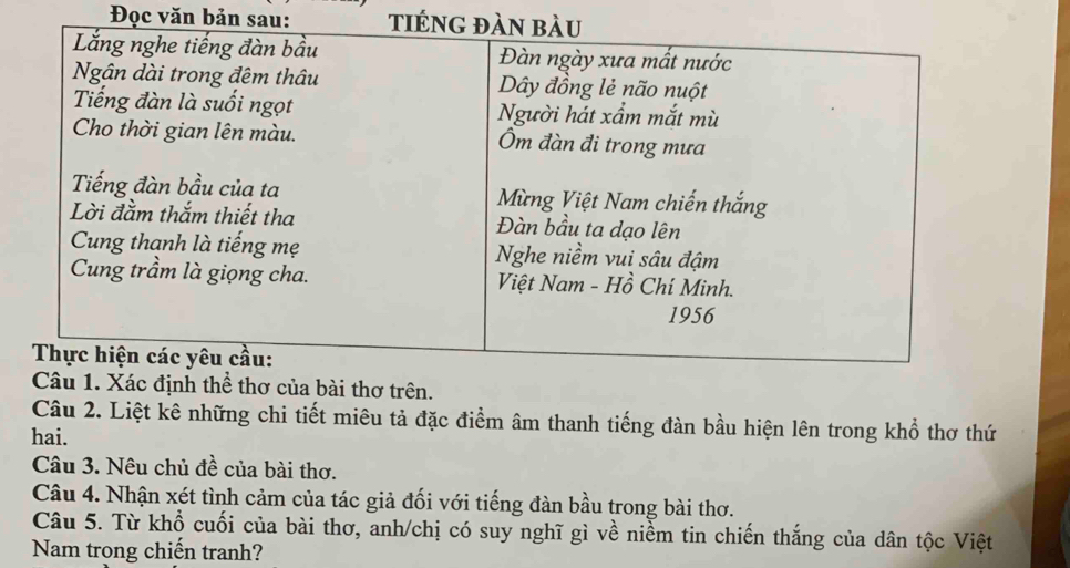 Đọc văn bản sau: ti 
Xác định thể thơ của bài thơ trên. 
Câu 2. Liệt kê những chi tiết miêu tả đặc điểm âm thanh tiếng đàn bầu hiện lên trong khổ thơ thứ 
hai. 
Câu 3. Nêu chủ đề của bài thơ. 
Câu 4. Nhận xét tình cảm của tác giả đối với tiếng đàn bầu trong bài thơ. 
Câu 5. Từ khổ cuối của bài thơ, anh/chị có suy nghĩ gì về niềm tin chiến thắng của dân tộc Việt 
Nam trong chiến tranh?