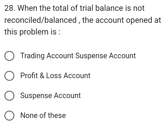 When the total of trial balance is not
reconciled/balanced , the account opened at
this problem is :
Trading Account Suspense Account
Profit & Loss Account
Suspense Account
None of these