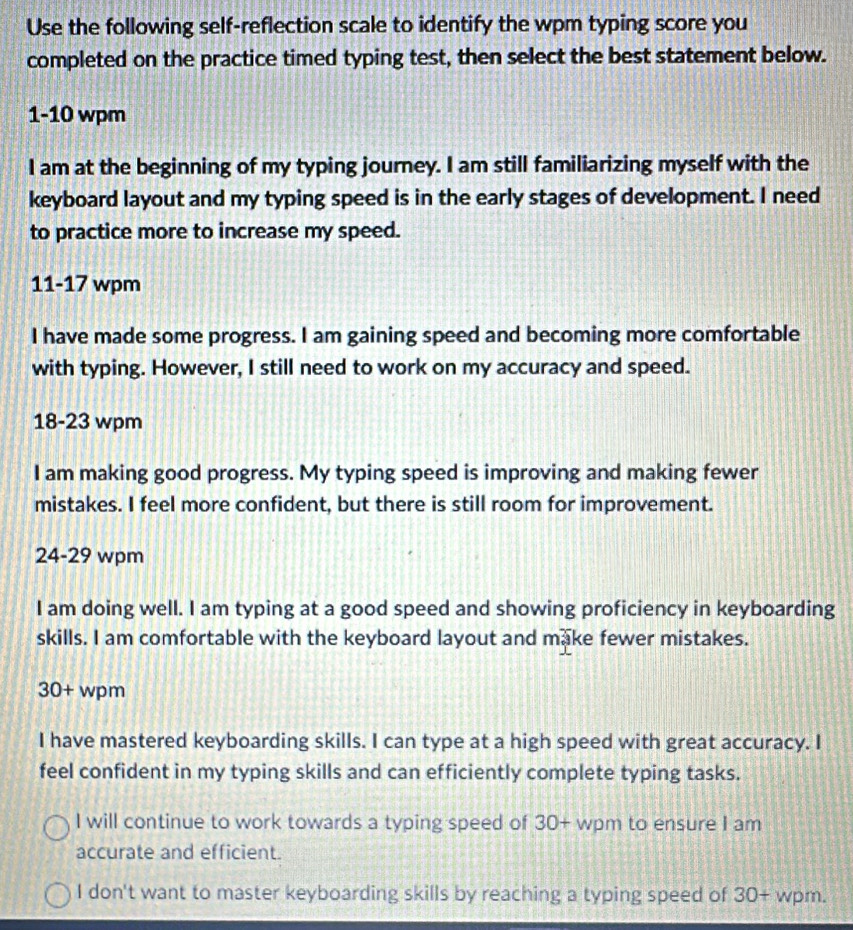 Solved: Use the following self-reflection scale to identify the wpm ...