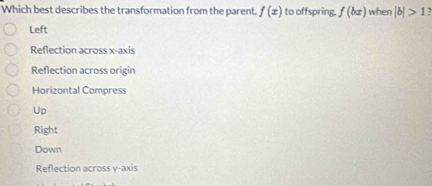 Which best describes the transformation from the parent, f(x) to offspring. f(bx) when |b|>1 ,
Left
Reflection across x-axis
Reflection across origin
Horizontal Compress
Up
Right
Down
Reflection across y-axis