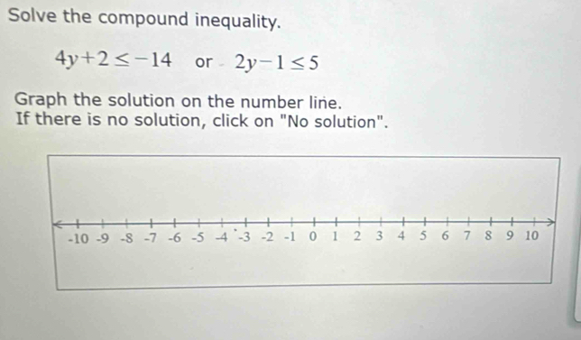 Solve the compound inequality.
4y+2≤ -14 or 2y-1≤ 5
Graph the solution on the number line. 
If there is no solution, click on "No solution".