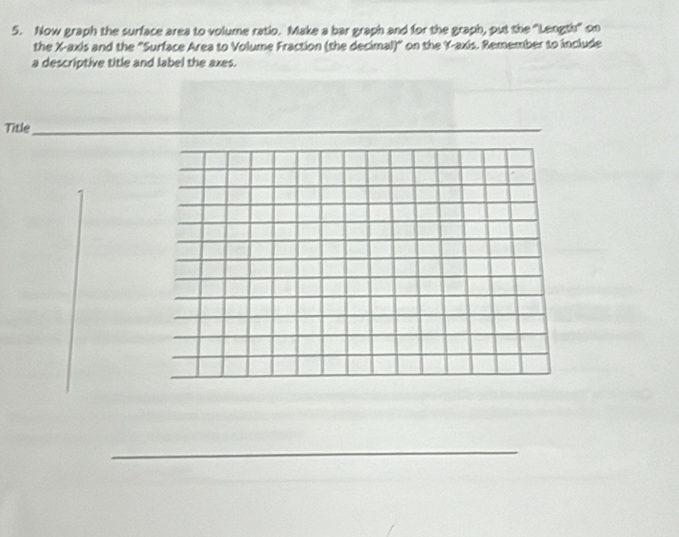 Now graph the surface area to volume ratio. Make a bar graph and for the graph, put the ''Length' on 
the X-axis and the "Surface Area to Volume Fraction (the decimal)" on the Y-axis. Remember to include 
a descriptive title and label the axes. 
Title_ 
_ 
_