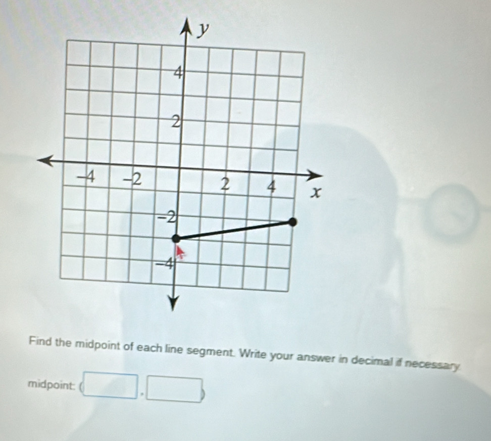 Find the midpoint of each line segment. Write your answer in decimal if necessary 
midpoint: (□ ,□ )