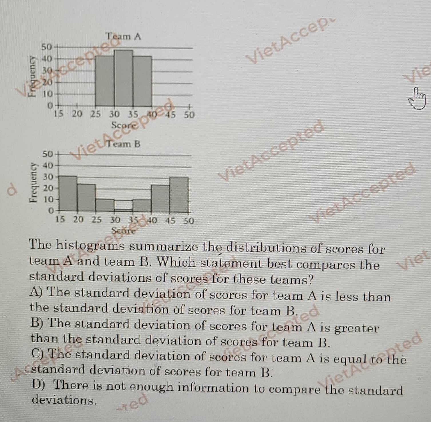 VietAccep
Vie
Viet Acceptec
VietAcceptec
The histograms summarize the distributions of scores for
team A and team B. Which statement best compares the Viet
standard deviations of scores for these teams?
A) The standard deviation of scores for team A is less than
the standard deviation of scores for team B.
B) The standard deviation of scores for team A is greater
than the standard deviation of scores for team B.
C) The standard deviation of scores for team A is equal to the
standard deviation of scores for team B.
D) There is not enough information to compare the standard
deviations.