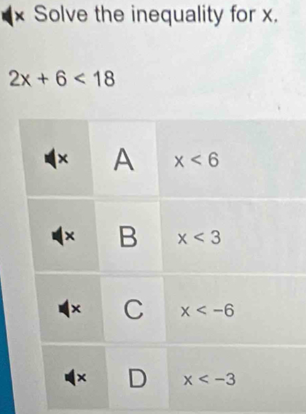 Solve the inequality for x.
2x+6<18</tex>