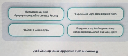 If someone gets a subsidy, what do they get?
A bill from the government because Advice from a lawyer.
they need to pay for something.
Only political help with something. Money from an organisation to help
pay for something.