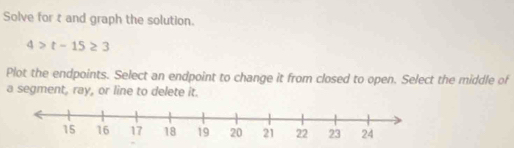 Solve for t and graph the solution.
4>t-15≥ 3
Plot the endpoints. Select an endpoint to change it from closed to open. Select the middle of 
a segment, ray, or line to delete it.