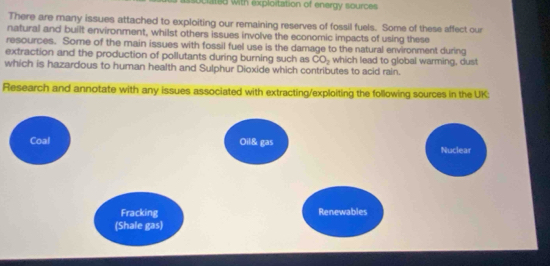 oclated with exploitation of energy sources 
There are many issues attached to exploiting our remaining reserves of fossil fuels. Some of these affect our 
natural and built environment, whilst others issues involve the economic impacts of using these 
resources. Some of the main issues with fossil fuel use is the damage to the natural environment during 
extraction and the production of pollutants during burning such as CO_2 which lead to global warming, dust 
which is hazardous to human health and Sulphur Dioxide which contributes to acid rain. 
Research and annotate with any issues associated with extracting/exploiting the following sources in the UK: 
Coal Oil& gas Nuclear 
Fracking Renewables 
(Shale gas)