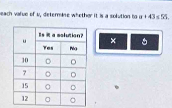 each value of u, determine whether it is a solution to u+43≤ 55. 
×