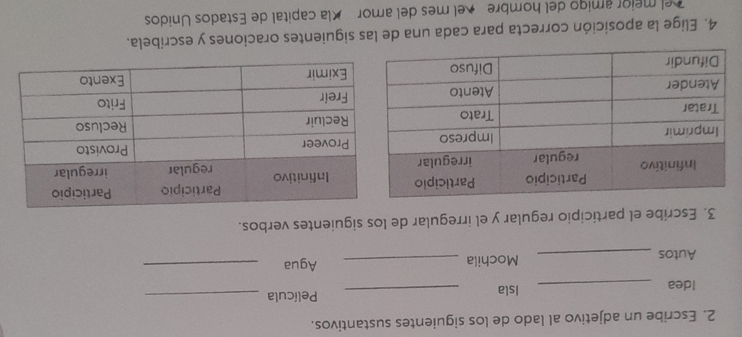 Escribe un adjetivo al lado de los siguientes sustantivos. 
Idea _Isla_ 
Película_ 
Autos _Mochila _Agua_ 
3. Escribe el participio regular y el irregular de los siguientes verbos. 
4. Elige la aposición correcta para cada una de las siguientes oraciones y escríbela. 
Tel mejor amigo del hombre el mes del amor la capital de Estados Unidos