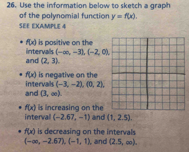 Use the information below to sketch a graph 
of the polynomial function y=f(x). 
SEE EXAMPLE 4
f(x) is positive on the 
intervals (-∈fty ,-3), (-2,0), 
and (2,3).
f(x) is negative on the 
intervals (-3,-2), (0,2), 
and (3,∈fty ).
f(x) is increasing on the 
interval (-2.67,-1) and (1,2.5).
f(x) is decreasing on the intervals
(-∈fty ,-2.67), (-1,1) , and (2.5,∈fty ).