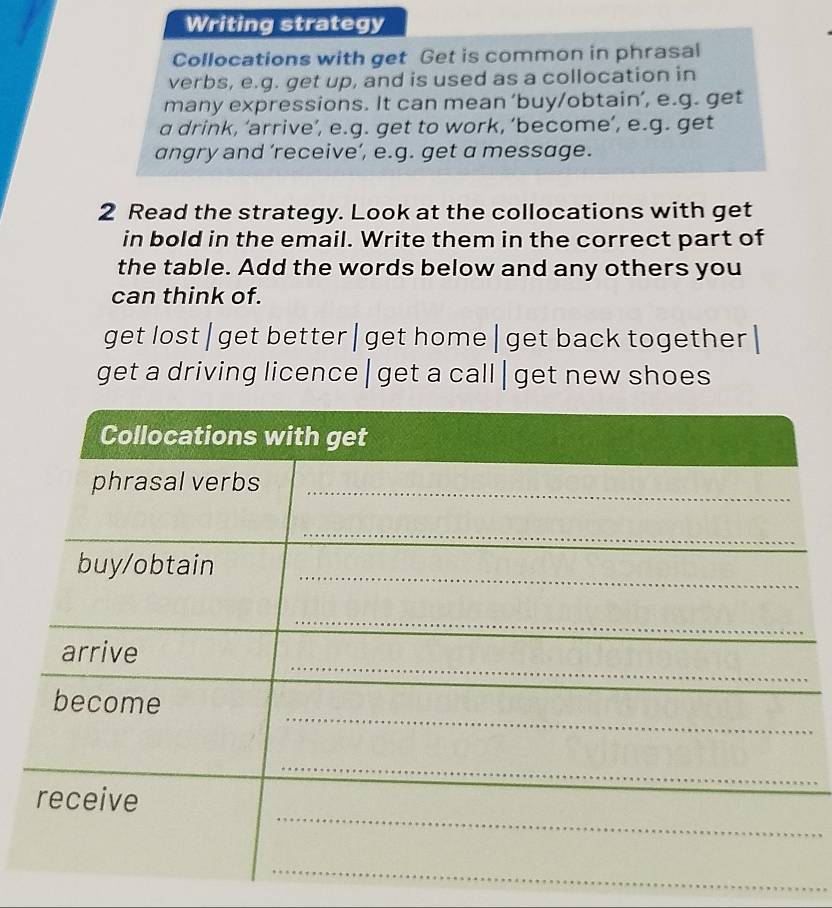 Writing strategy 
Collocations with get Get is common in phrasal 
verbs, e.g. get up, and is used as a collocation in 
many expressions. It can mean ‘buy/obtain’, e.g. get 
a drink, ‘arrive’, e.g. get to work, ‘become’, e.g. get 
angry and ’receive’, e.g. get a message. 
2 Read the strategy. Look at the collocations with get 
in bold in the email. Write them in the correct part of 
the table. Add the words below and any others you 
can think of. 
get lost| get better| get home|get back together 
get a driving licence| get a call | get new shoes