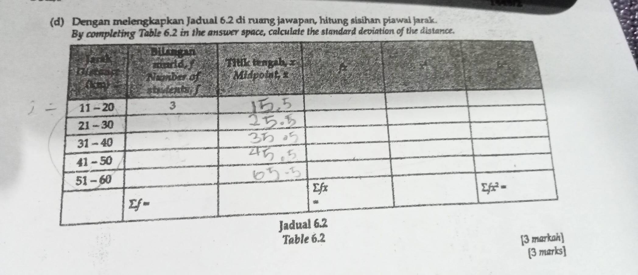 Dengan melengkapkan Jadual 6.2 di ruang jawapan, hitung sisihan piawai jarak.
mpleting Table 6.2 in the answer space, calculate the standard deviation of the distance.
Table 6.2 [3 markah]
[3 marks]