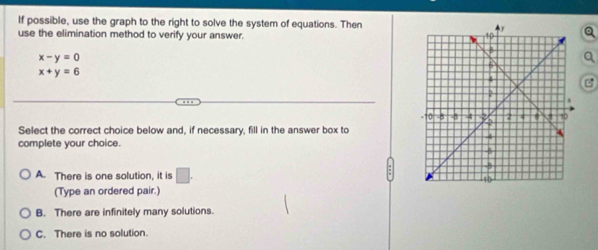 If possible, use the graph to the right to solve the system of equations. Then
use the elimination method to verify your answer.
a
x-y=0
x+y=6
Select the correct choice below and, if necessary, fill in the answer box to
complete your choice.
A. There is one solution, it is □. 
(Type an ordered pair.)
B. There are infinitely many solutions.
C. There is no solution.