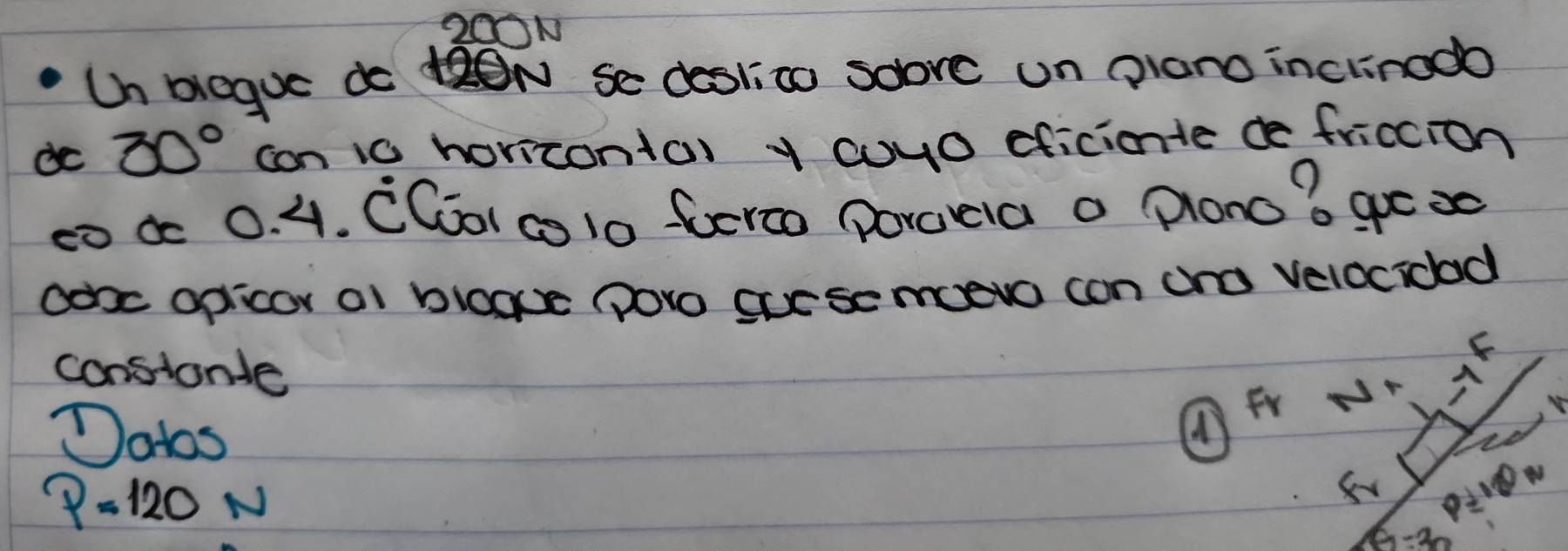 20ON 
Un biegue do se deslito soove un giano incrinodo 
dc 30° con io horizontar y coyo eficionte de friccion 
co a 0. 4. CCoo) co l0 fero (orcela a plono? go x0 
Oonc opicar al bloave (poro sucsemoeva can ana velocioad 
constonde 7^4
Datos 
( Fr NP
P=120N
P=12
G=3n