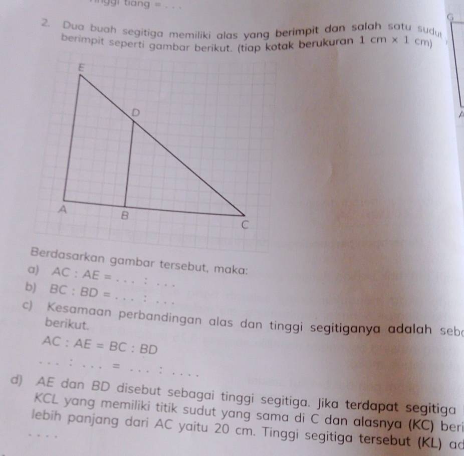 ggi tiang = . G 
2. Dua buah segitiga memiliki alas yang berimpit dan salah satu sudu 1cm* 1cm)
berimpit seperti gambar berikut. (tiap kotak berukuran 
Berdasarkan gambar tersebut, maka: 
a) AC:AE= ...:... 
b) BC:BD=...:... _ 
c) Kesamaan perbandingan alas dan tinggi segitiganya adalah sebe 
berikut.
AC:AE=BC:BD....=...:... 
d) AE dan BD disebut sebagai tinggi segitiga. Jika terdapat segitiga
KCL yang memiliki titik sudut yang sama di C dan alasnya (KC) beri 
lebih panjang dari AC yaitu 20 cm. Tinggi segitiga tersebut (KL) ad