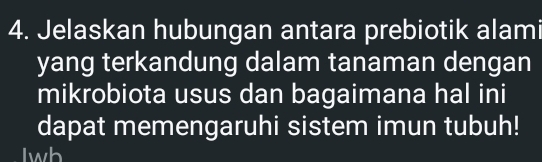 Jelaskan hubungan antara prebiotik alami 
yang terkandung dalam tanaman dengan 
mikrobiota usus dan bagaimana hal ini 
dapat memengaruhi sistem imun tubuh! 
lwh