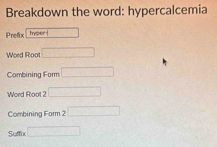 Solved: Breakdown the word: hypercalcemia Prefix hyper Word Root ...