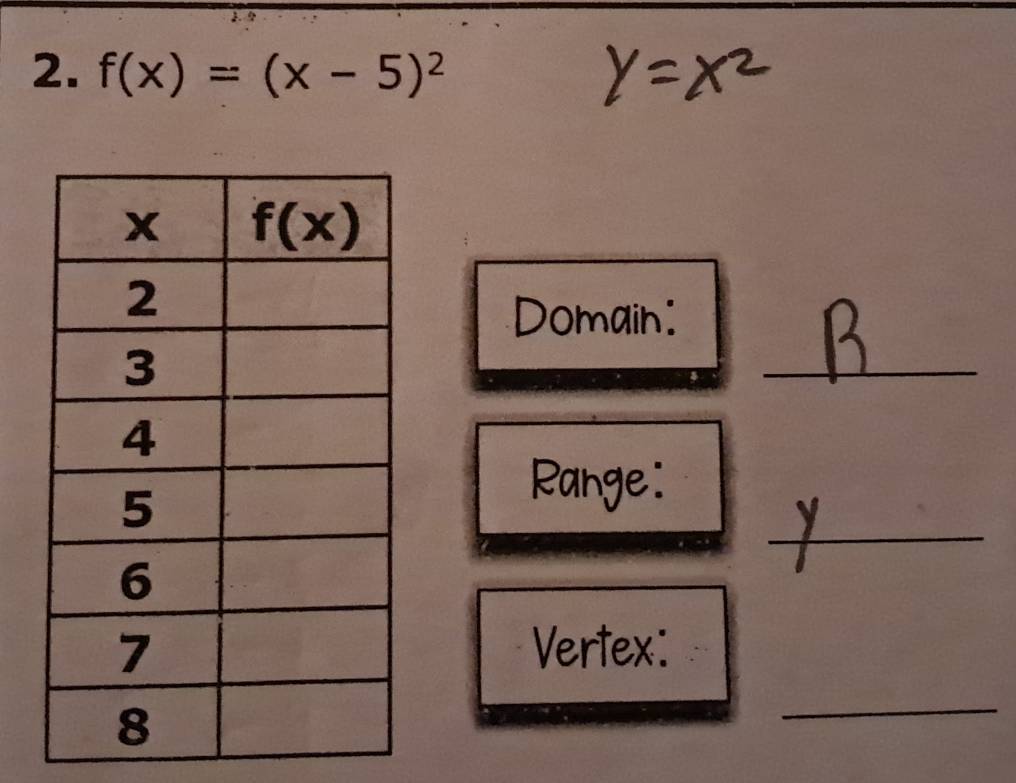 f(x)=(x-5)^2
Domain:
_
_
Range:
  
Vertex:
_