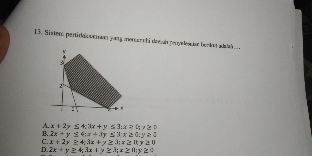 Sistem pertidaksamaan yang memenuhi daerah penyelesaian berikut adalah…
A. x+2y≤ 4; 3x+y≤ 3; x≥ 0; y≥ 0
B. 2x+y≤ 4; x+3y≤ 3; x≥ 0; y≥ 0
C. x+2y≥ 4; 3x+y≥ 3; x≥ 0; y≥ 0
D. 2x+y≥ 4; 3x+y≥ 3; x≥ 0; y≥ 0