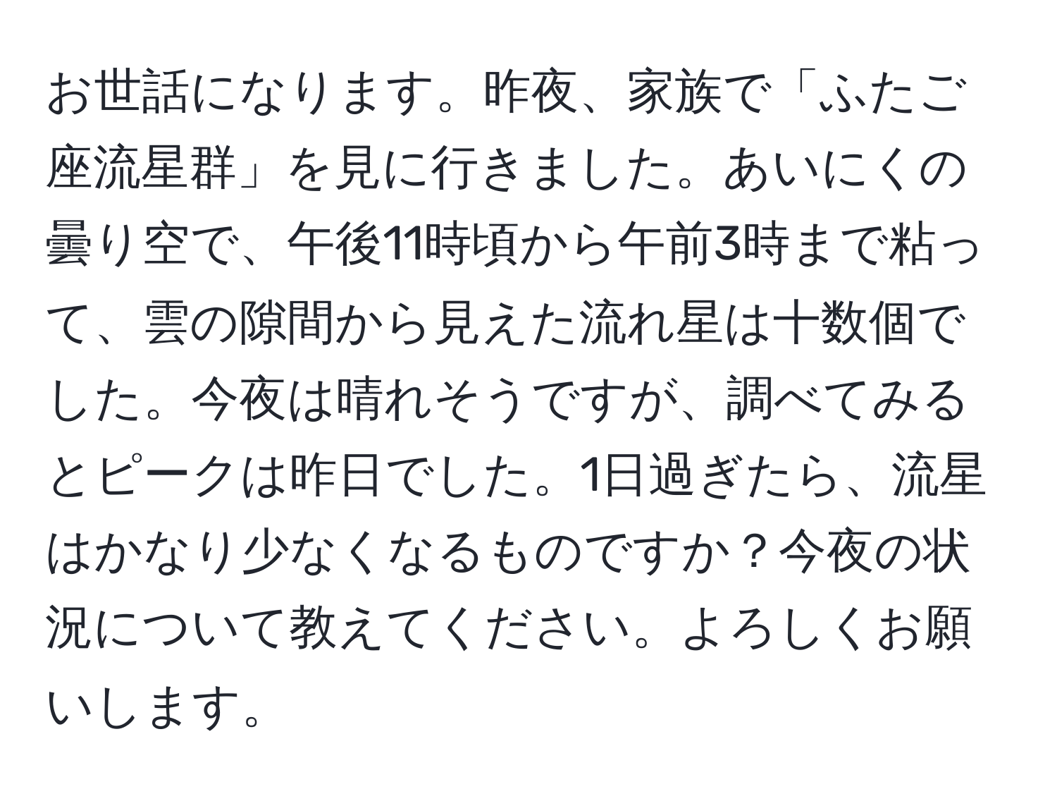 お世話になります。昨夜、家族で「ふたご座流星群」を見に行きました。あいにくの曇り空で、午後11時頃から午前3時まで粘って、雲の隙間から見えた流れ星は十数個でした。今夜は晴れそうですが、調べてみるとピークは昨日でした。1日過ぎたら、流星はかなり少なくなるものですか？今夜の状況について教えてください。よろしくお願いします。