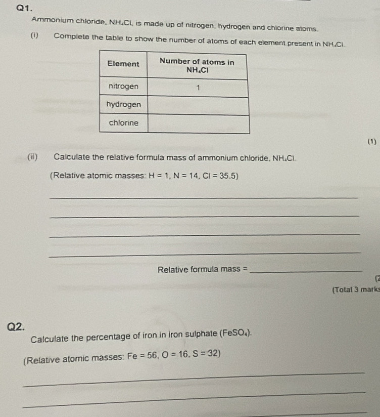 Ammonium chloride, NH.CI, is made up of nitrogen, hydrogen and chlorine aloms. 
(i) Complete the table to show the number of atoms of each element present in NH.Cl 
(1) 
(ii) Calculate the relative formula mass of ammonium chloride, NH.Cl. 
(Relative atomic masses: H=1, N=14, Cl=35.5) 
_ 
_ 
_ 
_ 
Relative formula mass =_ 
(2 
(Total 3 mark 
Q2. 
Calculate the percentage of iron in iron sulphate (FeSO₄). 
(Relative alomic masses: Fe=56, O=16, S=32)
_ 
_ 
_