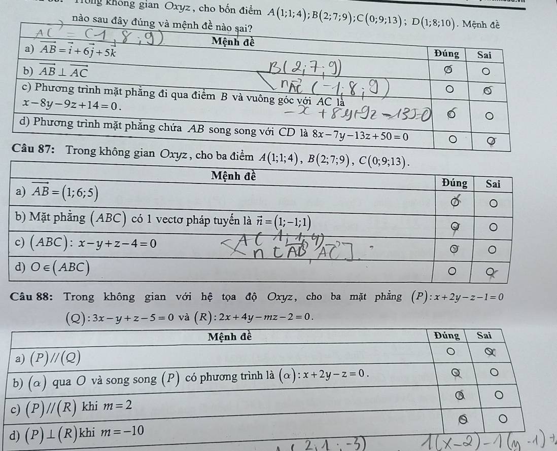 Tổng không gian Oxyz, cho bốn điểm A(1;1;4);B(2;7;9);C(0;9;13);D(1;8;10)
nà
không gian Oxyz , cho ba điểm 
Câu 88: Trong không gian với hệ tọa độ Oxyz, cho ba mặt phẳng (P): x+2y-z-1=0
(Q):3x-y+z-5=0 va(R ) : 2x+4y-mz-2=0.