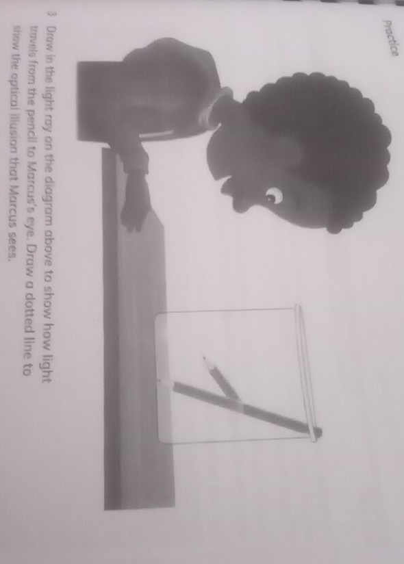 Practice 
3ow light 
travels from the pencil to Marcus's eye. Draw a dotted line to 
show the optical illusion that Marcus sees.
