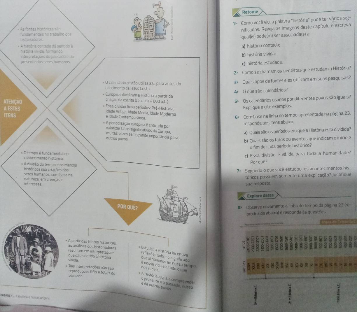 Retome
1 Como você viu, a palavra ''história'' pode ter vários sig-
As fontes históricas são
nificados. Reveja as imagens deste capítulo e escreva
fundamentais no trabalho dos
historiadores
qual(is) pode(m) ser associada(s) a:
* A história contada dá sentido á
a) história contada;
história vivida, formando
interpretações do passado e do
b) história vivida;
présente dos seres humanos
c) história estudada.
2× Como se chamam os cientistas que estudam a História?
* O calendário cristão utiliza a.C. para antes do
3× Quais tipos de fontes eles utilizam em suas pesquisas?
nascimento de Jesus Cristo.
4 O que são calendários?
* Europeus dividiram a História a partir da
criação da escrita (cerca de 4000 a.C.).
5> Os calendários usados por diferentes povos são iguais?
ATENÇÃO * Essa divisão fixou períodos: Pré-História,
Explique e cite exemplos.
A ESTES  Idade Antiga, Idade Média, Idade Moderna
ITENS
e Idade Contemporânea.
6 Com base na linha do terpo apresentada na página 23,
A periodização europeia é criticada por
responda aos itens abaixo.
valorizar fatos significativos da Europa,
a) Quais são os períodos em que a História está dividida?
muitas vezes sem grande importância para
outros povos.
b) Quais são os fatos ou eventos que indicam o início e
o fim de cada período histórico?
* O tempo é fundamental no
conhecimento histórico
c) Essa divisão é válida para toda a humanidade?
* A divisão do tempo e os marcos Por quê?
históricos são criações dos
7× Segundo o que você estudou, os acontecimentos his-
seres humanos, com base na
natureza, em crenças e
tóricos possuem somente uma explicação? Justifique
interesses.
sua resposta.
Explore datas
POR QUÊ?
3
8 Observe novamente a linha do tempo da página 23 (re
produzida abaixo) e responda às questões
do Erito ( 
r ire
5 a   
A partir das fontes históricas,
5 5
as análises dos historiadores * Estudar a História incentiva
resultam em interpretações reflexões sobre o signíficado
que dão sentido à história que atribuímos ao nosso tempo
vivida
à nossa vida e a tudo o que
Tais interpretações não são nos rodeia.
a
reproduções fiéis e totais do * A História ajuda a compreender
passado
o presente e o passado, nosso
e de outros povos
UNIDADE 1 - A História e nossas orígens
5