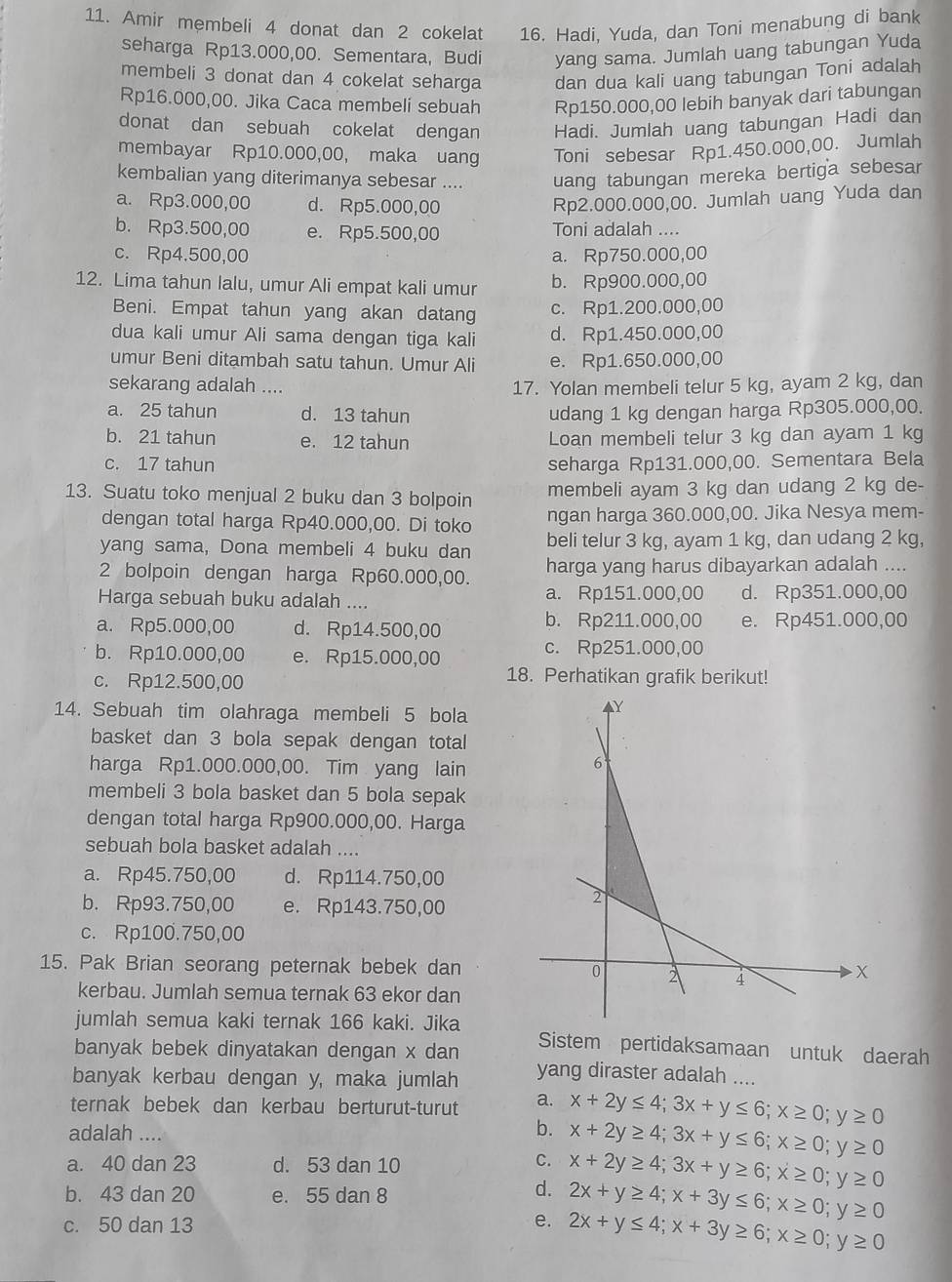 Amir membeli 4 donat dan 2 cokelat 16. Hadi, Yuda, dan Toni menabung di bank
seharga Rp13.000,00. Sementara, Budi yang sama. Jumlah uang tabungan Yuda
membeli 3 donat dan 4 cokelat seharga dan dua kali uang tabungan Toni adalah
Rp16.000,00. Jika Caca membeli sebuah Rp150.000,00 lebih banyak dari tabungan
donat dan sebuah cokelat dengan Hadi. Jumlah uang tabungan Hadi dan
membayar Rp10.000,00, maka uang Toni sebesar Rp1.450.000,00. Jumlah
kembalian yang diterimanya sebesar .... uang tabungan mereka bertiga sebesar
a. Rp3.000,00 d. Rp5.000,00 Rp2.000.000,00. Jumlah uang Yuda dan
b. Rp3.500,00 e. Rp5.500,00 Toni adalah ....
c. Rp4.500,00 a. Rp750.000,00
12. Lima tahun lalu, umur Ali empat kali umur b. Rp900.000,00
Beni. Empat tahun yang akan datang c. Rp1.200.000,00
dua kali umur Ali sama dengan tiga kali d. Rp1.450.000,00
umur Beni ditambah satu tahun. Umur Ali e. Rp1.650.000,00
sekarang adalah .... 17. Yolan membeli telur 5 kg, ayam 2 kg, dan
a. 25 tahun d. 13 tahun udang 1 kg dengan harga Rp305.000,00.
b. 21 tahun e. 12 tahun Loan membeli telur 3 kg dan ayam 1 kg
c. 17 tahun seharga Rp131.000,00. Sementara Bela
13. Suatu toko menjual 2 buku dan 3 bolpoin membeli ayam 3 kg dan udang 2 kg de-
dengan total harga Rp40.000,00. Di toko ngan harga 360.000,00. Jika Nesya mem-
yang sama, Dona membeli 4 buku dan beli telur 3 kg, ayam 1 kg, dan udang 2 kg,
2 bolpoin dengan harga Rp60.000,00. harga yang harus dibayarkan adalah ....
Harga sebuah buku adalah .... a. Rp151.000,00 d. Rp351.000,00
a. Rp5.000,00 d. Rp14.500,00 b. Rp211.000,00 e. Rp451.000,00
b. Rp10.000,00 e. Rp15.000,00 c. Rp251.000,00
c. Rp12.500,00
18. Perhatikan grafik berikut!
14. Sebuah tim olahraga membeli 5 bola
basket dan 3 bola sepak dengan total
harga Rp1.000.000,00. Tim yang lain
membeli 3 bola basket dan 5 bola sepak
dengan total harga Rp900.000,00. Harga
sebuah bola basket adalah ....
a. Rp45.750,00 d. Rp114.750,00
b. Rp93.750,00 e. Rp143.750,00
c. Rp100.750,00
15. Pak Brian seorang peternak bebek dan
kerbau. Jumlah semua ternak 63 ekor dan
jumlah semua kaki ternak 166 kaki. Jika Sistem pertidaksamaan untuk daerah
banyak bebek dinyatakan dengan x dan
banyak kerbau dengan y, maka jumlah yang diraster adalah ....
ternak bebek dan kerbau berturut-turut a. x+2y≤ 4;3x+y≤ 6;x≥ 0;y≥ 0
b.
adalah .... x+2y≥ 4;3x+y≤ 6;x≥ 0;y≥ 0
C.
a. 40 dan 23 d. 53 dan 10 x+2y≥ 4;3x+y≥ 6;x≥ 0;y≥ 0
b. 43 dan 20 e. 55 dan 8
d.
c. 50 dan 13
e. 2x+y≥ 4;x+3y≤ 6;x≥ 0;y≥ 0
2x+y≤ 4;x+3y≥ 6;x≥ 0;y≥ 0