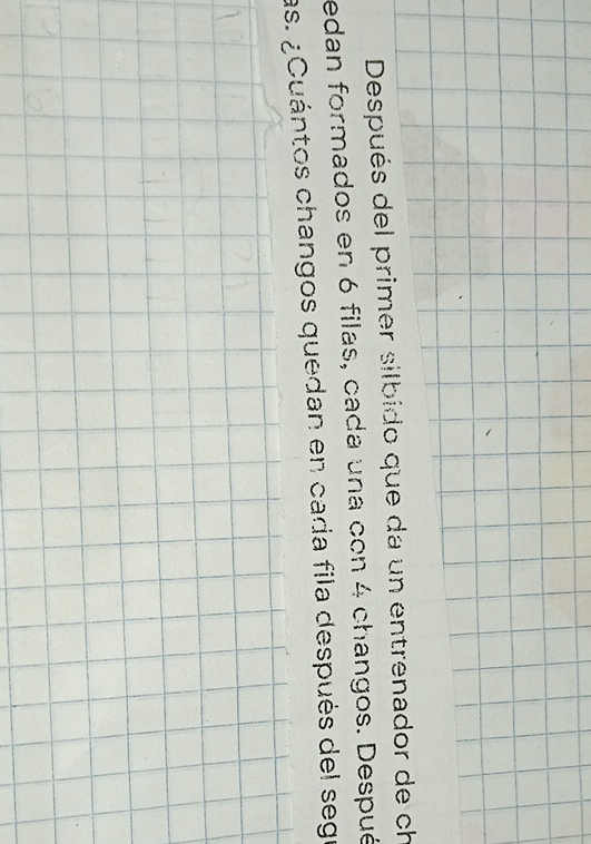 Después del primer silbido que da un entrenador de ch 
edan formados en 6 filas, cada una con 4 changos. Despué 
las. ¿Cuántos changos quedan en cada fila después del sego