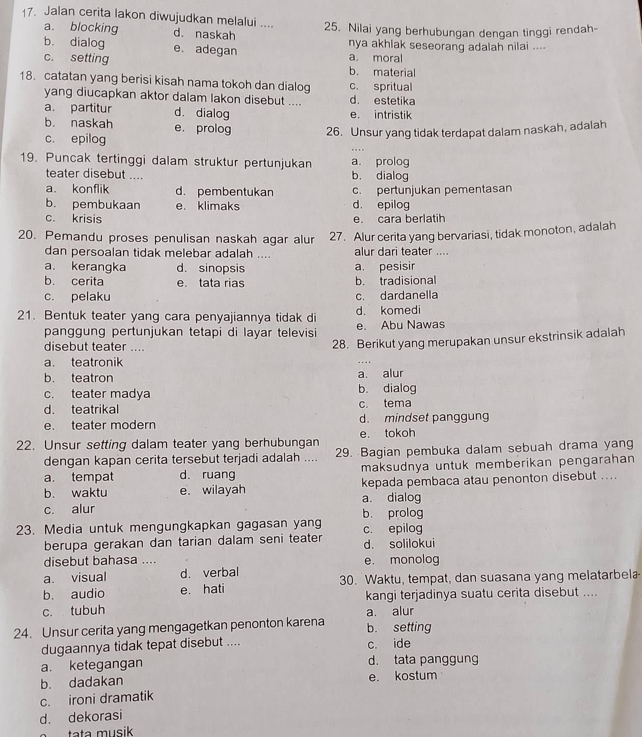 Jalan cerita lakon diwujudkan melalui .... 25. Nilai yang berhubungan dengan tinggi rendah-
a. blocking d. naskah
nya akhlak seseorang adalah nilai ....
b. dialog e. adegan
a. moral
c. setting b. material
18. catatan yang berisi kisah nama tokoh dan dialog c. spritual
yang diucapkan aktor dalam lakon disebut .... d. estetika
a. partitur d. dialog e. intristik
b. naskah e. prolog
c. epilog 26. Unsur yang tidak terdapat dalam naskah, adalah
19. Puncak tertinggi dalam struktur pertunjukan a. prolog
teater disebut .... b. dialog
a. konflik d. pembentukan c. pertunjukan pementasan
b. pembukaan e. klimaks d. epilog
c. krisis e. cara berlatih
20. Pemandu proses penulisan naskah agar alur 27. Alur cerita yang bervariasi, tidak monoton, adalah
dan persoalan tidak melebar adalah .... alur dari teater ....
a. kerangka d. sinopsis a. pesisir
b. cerita e. tata rias b. tradisional
c. pelaku c. dardanella
21. Bentuk teater yang cara penyajiannya tidak di d. komedi
panggung pertunjukan tetapi di layar televisi e. Abu Nawas
disebut teater ....
28. Berikut yang merupakan unsur ekstrinsik adalah
a. teatronik
b. teatron a. alur
c. teater madya b. dialog
d. teatrikal c. tema
d. mindset panggung
e. teater modern
e. tokoh
22. Unsur setting dalam teater yang berhubungan
dengan kapan cerita tersebut terjadi adalah .... 29. Bagian pembuka dalam sebuah drama yang
a. tempat d. ruang maksudnya untuk memberikan pengarahan
b. waktu e. wilayah kepada pembaca atau penonton disebut ....
a. dialog
c. alur b. prolog
23. Media untuk mengungkapkan gagasan yang c. epilog
berupa gerakan dan tarian dalam seni teater d. solilokui
disebut bahasa .... e. monolog
a. visual d. verbal
30. Waktu, tempat, dan suasana yang melatarbel
b. audio e. hati
kangi terjadinya suatu cerita disebut ....
c. tubuh a. alur
24. Unsur cerita yang mengagetkan penonton karena b. setting
dugaannya tidak tepat disebut .... c. ide
a. ketegangan d. tata panggung
b. dadakan e. kostum
c. ironi dramatik
d. dekorasi
tata musik