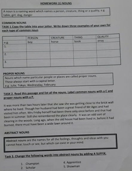 HOMEWORK (1) NOUNS 
A noun is a naming word which names a person, creature, thing or a quality, e.g 
table, girl, dog, danger 
COMMON NOUNS 
TASK 1.Copy the table into your jotter. Write down three examples of your own for 
each type of common noun 
PROPER NOUNS 
Nouns which name particular people or places are called proper nouns. 
These always start with a capital letter. 
e.g. Julie, Tokyo, Wednesday, February 
TASK 2. Read this passage and list all the nouns. Label common nouns with a C and 
proper nouns with a P. 
It was more than two hours later that she saw she was getting close to the brick wall 
where he lived. Though her husband had been a great friend of Mr Ages and had 
visited him often. Mrs Frisby herself had been there only once before and that had 
been in summer. Still she remembered the place clearly. It was an odd sort of 
clearing in the woods. Long ago, when the old house had been lived in, before it had 
burned, there must have been a wide lawn around it. 
ABSTRACT NOUNS 
Abstract nouns are the names for all the feelings, thoughts and ideas with you 
cannot hear, touch or see, but which can exist in your mind. 
Task 3. Change the following words into abstract nouns by adding A SUFFIX. 
1. Champion 4. Apprentice 
2. Scholar 5. Showman