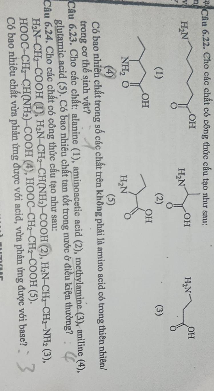 a Câu 6.22. Cho các chất có công thức cấu tạo như sau:
n
V
H_2N
OH
H_2N
OH
δ
(1) (2) (3)
(4) (5)
Có bao nhiêu chất trong số các chất trên không phải là amino acid có trong thiên nhiên/
trong cơ thể sinh vật?
Câu 6.23. Cho các chất: alanine (1), aminoacetic acid (2), methylamine (3), aniline (4),
glutamic acid (5). Có bao nhiêu chất tan tốt trong nước ở điều kiện thường?
Câu 6.24. Cho các chất có công thức cấu tạo như sau:
H_2N-CH_2-COOH(1),H_2N-CH_2-CH(NH_2)-COOH(2),H_2N-CH_2-CH_2-NH_2(3),
HOOC-CH_2-CH(NH_2)-COOH(4),HOOC-CH_2-CH_2-COOH(5).
Có bao nhiêu chất vừa phản ứng được với acid, vừa phản ứng được với base?