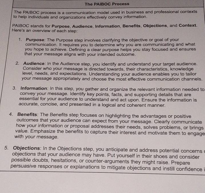 Solved: The PAIBOC Process The PAIBOC process is a communication model ...