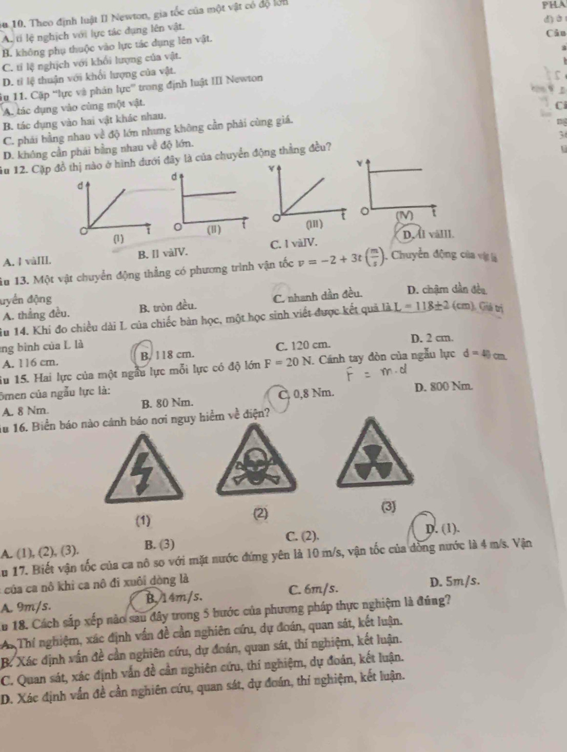 iu 10. Theo định luật II Newton, gia tốc của một vật có độ lớn
PHA
diài
A. ti lệ nghịch với lực tác dụng lên vật.
Cản
B. không phụ thuộc vào lực tác dụng lên vật.
s
C. tỉ lệ nghịch với khối lượng của vật.
D. tỉ lệ thuận với khối lượng của vật.
1u 11. Cặp “lực và phản ure trong định luật III Newton
1
A. tác dụng vào cùng một vật.
Ci
B. tác dụng vào hai vật khác nhau.
C. phái bằng nhau về độ lớn nhưng không cần phải cùng giá.
n
3
D. không cần phái bằng nhau về độ lớn.
Âu 12. Cặp đồ thị nào ở hình dưới đây là của chuyển động thắng đều?
U
d
(1) i
D.Al vålll.
C. lvalV
A. l vàIII. B. [l và]V.
1u 13. Một vật chuyển động thẳng có phương trình vận tốc v=-2+3t( m/s ) Chuyển động của vật là
đyển động D. chậm dân đềa
A. thắng đều. B. tròn đều. C. nhanh dần đều.
Âu 14. Khi đo chiều dài L của chiếc bàn học, một học sinh viết được kết quả laL=118± 2(cm) Giả trị
ng bình của L là D. 2 cm.
A. 116 cm. B. 118 cm. C. 120 cm.
Su 15. Hai lực của một ngẫu lực mỗi lực có độ lớn F=20N.. Cánh tay đòn của ngẫu lực d=40cm
ômen của ngẫu lực là: D. 800 Nm.
A. 8 Nm. B. 80 Nm. C, 0,8 Nm.
1u 16. Biển báo nào cảnh báo nơi nguy hiểm về điện?
(1) (2)
(3)
A. (1), (2), (3).
B. (3) C. (2). D. (1).
u 17. Biết vận tốc của ca nô so với mặt nước đứng yên là 10 m/s, vận tốc của đồng nước là 4 m/s. Vận
của ca nô khi ca nô đi xuôi dòng là
A. 9m/s. B. 14m/s. C. 6m/s.
D. 5m/s.
Au 18. Cách sắp xếp nào sau đây trong 5 bước của phương pháp thực nghiệm là đúng?
A.Thí nghiệm, xác định vấn đề cần nghiên cứu, dự đoán, quan sát, kết luận.
B. Xác định vấn đề cần nghiên cứu, dự đoán, quan sát, thí nghiệm, kết luận.
C. Quan sát, xác định vấn đề cần nghiên cứu, thí nghiệm, dự đoán, kết luận.
D. Xác định vấn đề cần nghiên cứu, quan sát, dự đoán, thí nghiệm, kết luận.