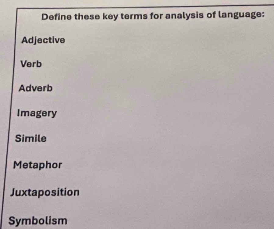 Define these key terms for analysis of language:
Adjective
Verb
Adverb
Imagery
Simile
Metaphor
Juxtaposition
Symbolism