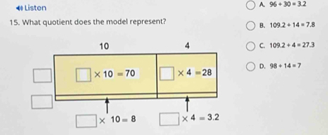 ◀ Listen
A. 96+30=3.2
15. What quotient does the model represent?
B. 109.2/ 14=7.8
C. 109.2/ 4=27.3
D. 98+14=7