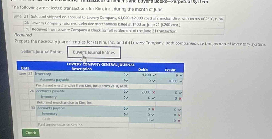 nsactions on Seller's and Buyer's Books—Perpetual System 
The following are selected transactions for Kim, Inc., during the month of June: 
June 21 Sold and shipped on account to Lowery Company, $4,000 ($2,000 cost) of merchandise, with terms of 2/10, n/30. 
28 Lowery Company returned defective merchandise billed at $400 on June 21 ($200 cost.) 
30 Received from Lowery Company a check for full settlement of the June 21 transaction. 
Required 
Prepare the necessary journal entries for (a) Kim, Inc., and (b) Lowery Company. Both companies use the perpetual inventory system. 
Seller's Journal Entries Buyer's Journal Entries 
m 
Check