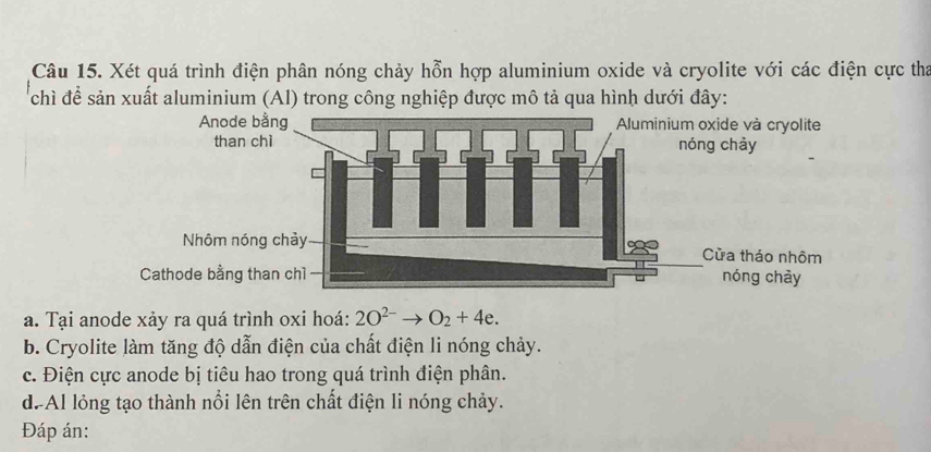 Xét quá trình điện phân nóng chảy hỗn hợp aluminium oxide và cryolite với các điện cực tha
chì để sản xuất aluminium (Al) trong công nghiệp được mô tả qua hình dưới đây:
a. Tại anode xảy ra quá trình oxi hoá: 2O^(2-)to O_2+4e.
b. Cryolite làm tăng độ dẫn điện của chất điện li nóng chảy.
c. Điện cực anode bị tiêu hao trong quá trình điện phân.
d. Al lỏng tạo thành nổi lên trên chất điện li nóng chảy.
Đáp án: