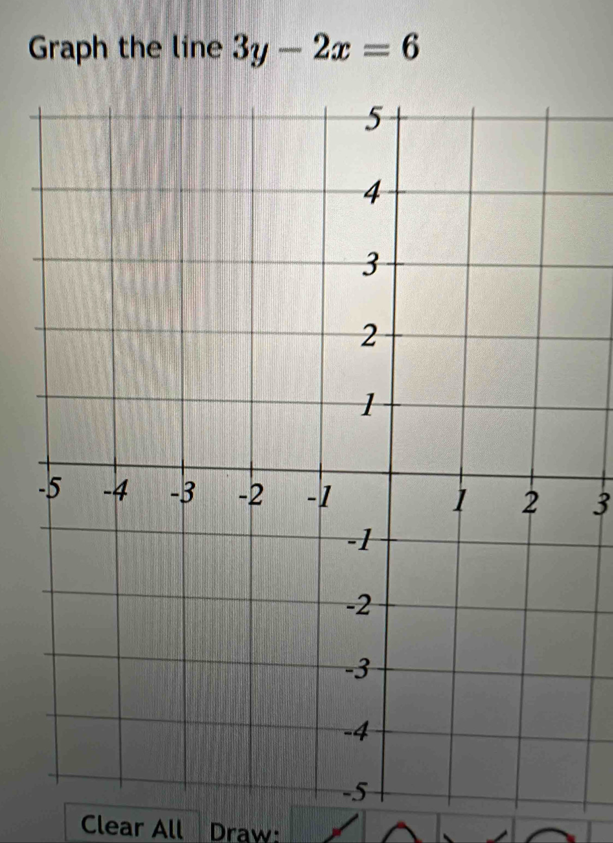 Graph the line 3y-2x=6
-
3
Clear All Draw: