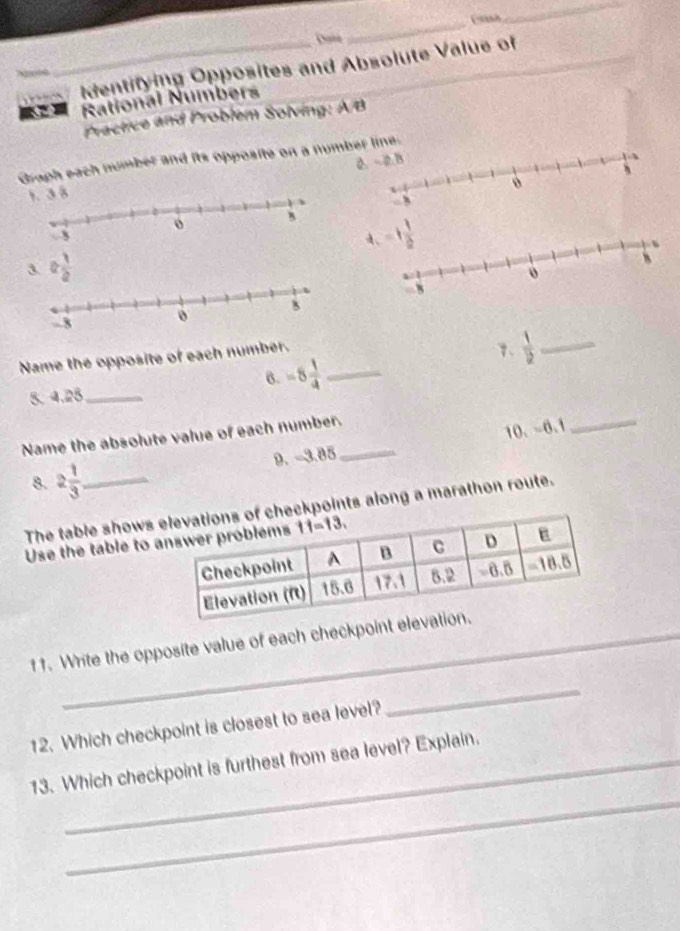 Foash
_
Date
_  dentifying Opposites and Absolute Value of
a Rational Numbers
Practice and Problem Solving: A/B
Graph each number and its opposite on a number line. 0.-2.B
3 2 1/2 
Name the opposite of each number._
1  1/2  _
6. -8 1/4 
8. 4.25_
Name the absolute value of each number._
9. -3.85 10、 -0.1
_
8. 2 1/3 
The table shows ckpoints along a marathon route.
Use the table to 
11. Write the opposite value of each checkpoint ele
12. Which checkpoint is closest to sea level?
_
_
13. Which checkpoint is furthest from sea level? Explain.