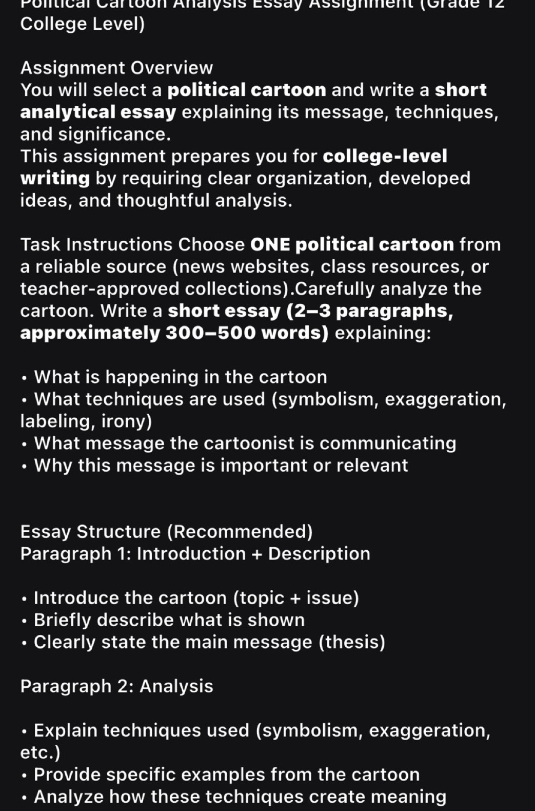 Solved: Political Cartoon Analysis Essay Assignment (Grade 12 College ...